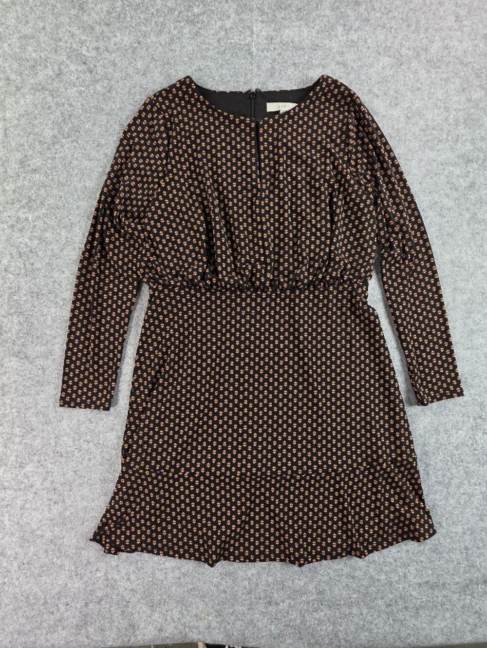 LOFT Black Long Sleeve Mini Dress with Rust Floral Print SZ 12